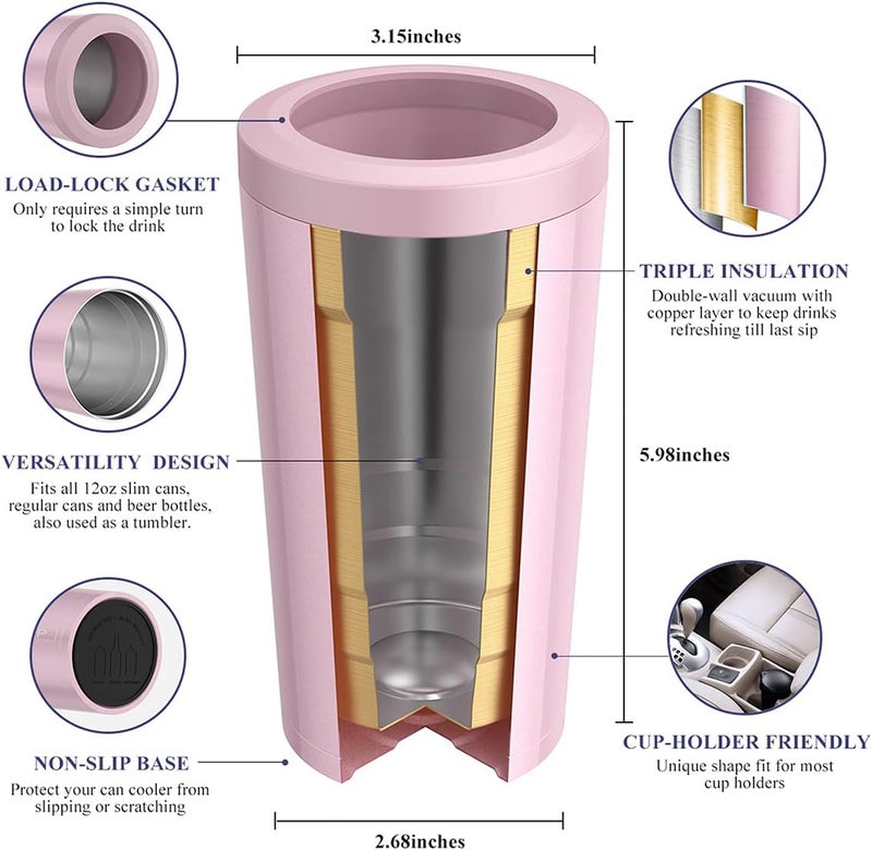 PEALEAP 4 in 1 Insulated Slim Can Cooler for 12 OZ Cans and Beer Bottle - Keep 8 Hours Cold, Easy to Hold - Stainless Steel Can Holder, Double Walled Can Insulator for Hard Seltzer and More (Blush) - Image 5